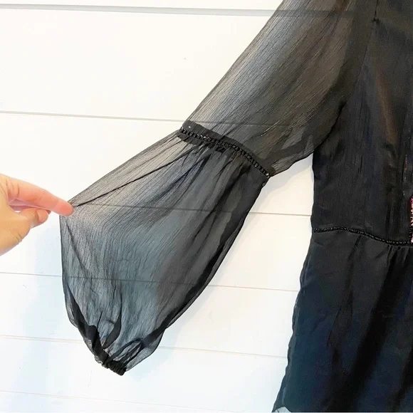 Catherine MaLandrino | Black Sheer Embroidered Bell Sleeve Blouse Size Medium - Picture 8 of 11